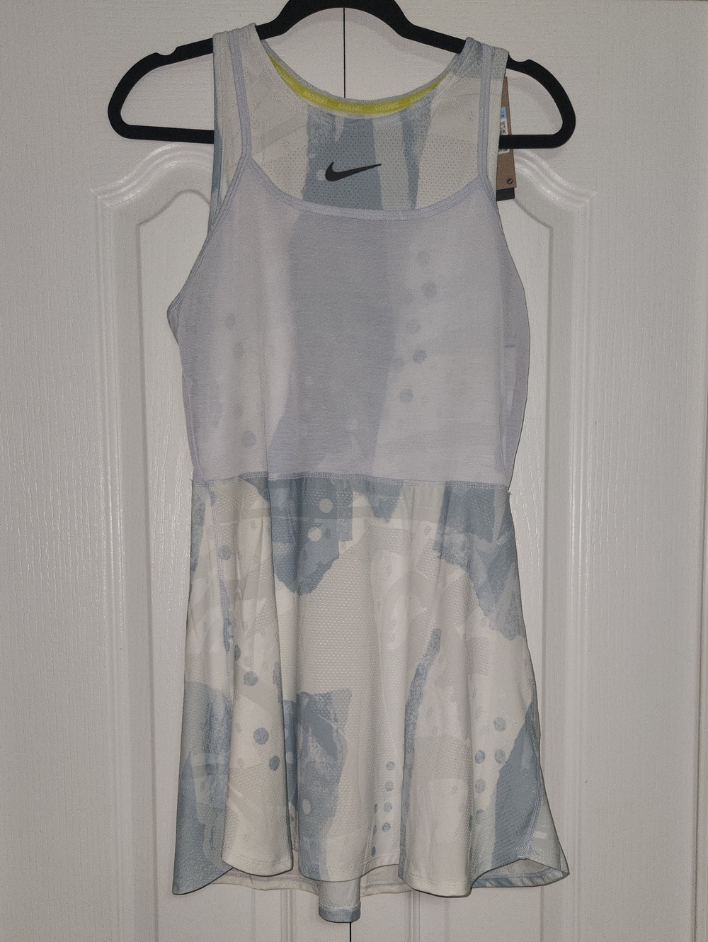 Nike White and Light Blue Printed Mesh Tennis Dress with Neon Trim